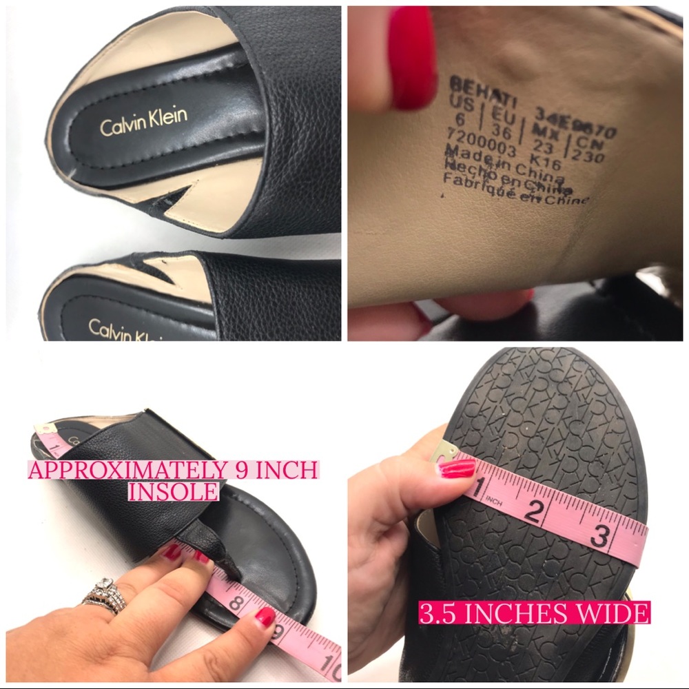 CALVIN KLEIN "BEHATI" BLACK PEBBLED LEATHER W/GOLD SIGNATURE PLATE SANDALS (6) - Picture 12 of 12
